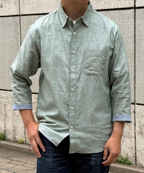 ikka(イッカ)の「【吸水速乾】7分袖イージーケアリネン無地シャツ(シャツ/ブラウス・メンズ・ベージュ/ホワイト/ブルー/グリーン/オレンジ/ライラック・S/M/L/XL)」の3枚目の写真