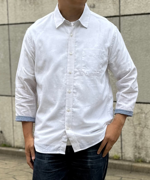 ikka(イッカ)の「【吸水速乾】7分袖イージーケアリネン無地シャツ(シャツ/ブラウス・メンズ・ベージュ/ホワイト/ブルー/グリーン/オレンジ/ライラック・S/M/L/XL)」の8枚目の写真