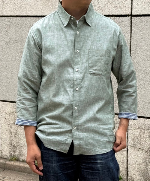 ikka(イッカ)の「【吸水速乾】7分袖イージーケアリネン無地シャツ(シャツ/ブラウス・メンズ・ベージュ/ホワイト/ブルー/グリーン/オレンジ/ライラック・S/M/L/XL)」の9枚目の写真