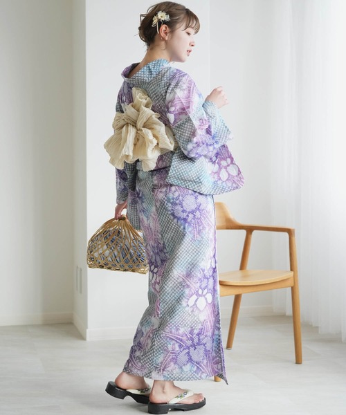 有松絞り　浴衣帯下駄３点セット　紫と緑の夏花 utatane（ウタタネ）の「有松絞り浴衣3点セット utatane 紫と緑