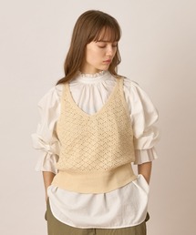 ALLumer コットンリネンVネックメッシュロングジレ セール】コットンリネンVネックメッシュロングジレ（ニット