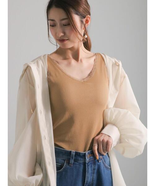 Te chichi(テチチ)の「レーストリムリブカップ付タンクトップ(Tシャツ/カットソー・レディース・オフホワイト/ブラウン/ブラック・F)」の1枚目の写真