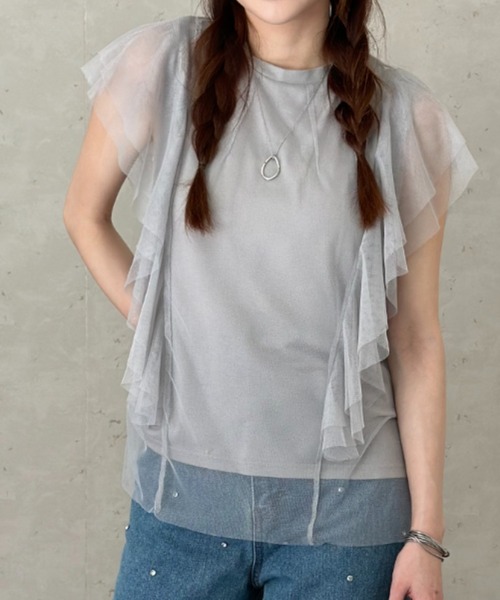 Per sist ence(パーシエンス)の「チュール×天竺フリル袖プルオーバー(Tシャツ/カットソー・レディース・ブラック/オフホワイト/グレー/チャコールグレー・FREE)」の4枚目の写真