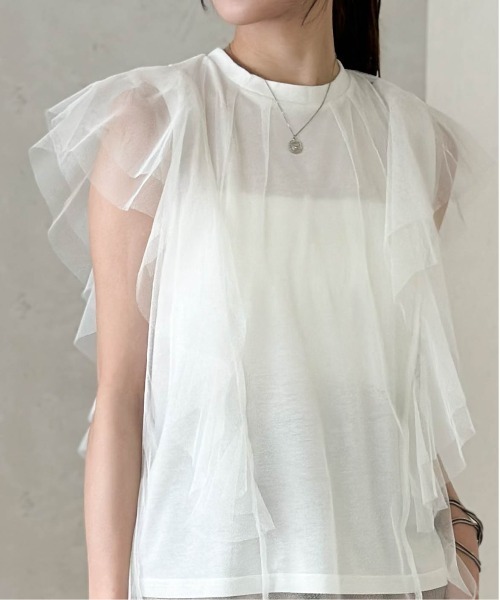 Per sist ence(パーシエンス)の「チュール×天竺フリル袖プルオーバー(Tシャツ/カットソー・レディース・ブラック/オフホワイト/グレー/チャコールグレー・FREE)」の2枚目の写真