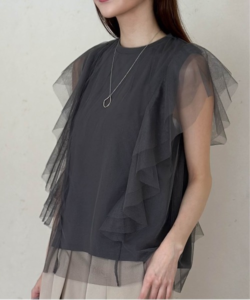 Per sist ence(パーシエンス)の「チュール×天竺フリル袖プルオーバー(Tシャツ/カットソー・レディース・ブラック/オフホワイト/グレー/チャコールグレー・FREE)」の3枚目の写真