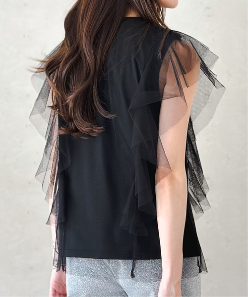 Per sist ence(パーシエンス)の「チュール×天竺フリル袖プルオーバー(Tシャツ/カットソー・レディース・ブラック/オフホワイト/グレー/チャコールグレー・FREE)」の1枚目の写真