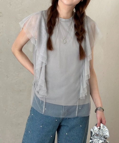 Per sist ence(パーシエンス)の「チュール×天竺フリル袖プルオーバー(Tシャツ/カットソー・レディース・ブラック/オフホワイト/グレー/チャコールグレー・FREE)」の16枚目の写真