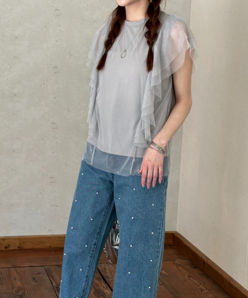 Per sist ence(パーシエンス)の「チュール×天竺フリル袖プルオーバー(Tシャツ/カットソー・レディース・ブラック/オフホワイト/グレー/チャコールグレー・FREE)」の6枚目の写真