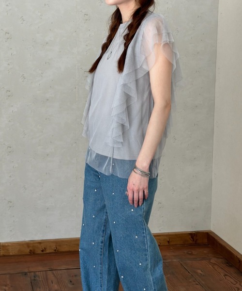 Per sist ence(パーシエンス)の「チュール×天竺フリル袖プルオーバー(Tシャツ/カットソー・レディース・ブラック/オフホワイト/グレー/チャコールグレー・FREE)」の7枚目の写真