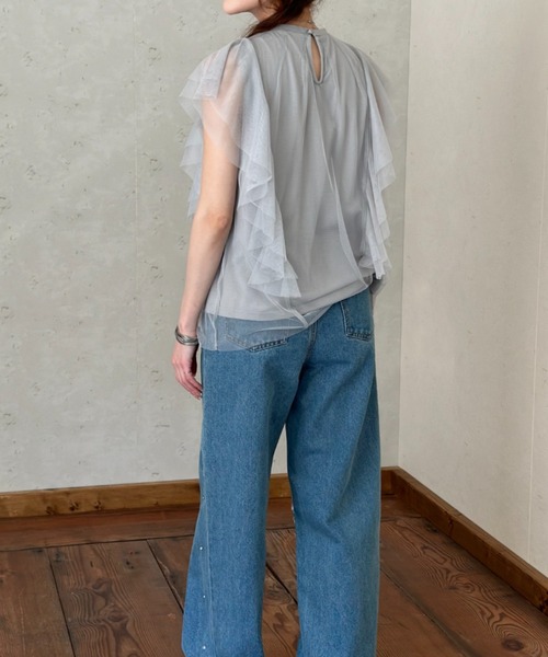Per sist ence(パーシエンス)の「チュール×天竺フリル袖プルオーバー(Tシャツ/カットソー・レディース・ブラック/オフホワイト/グレー/チャコールグレー・FREE)」の8枚目の写真