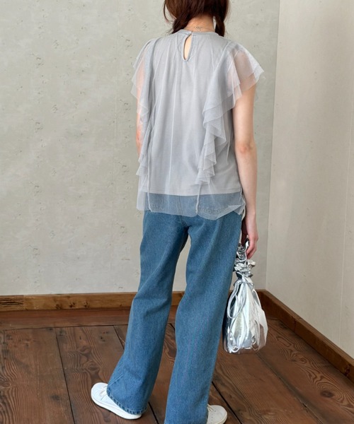 Per sist ence(パーシエンス)の「チュール×天竺フリル袖プルオーバー(Tシャツ/カットソー・レディース・ブラック/オフホワイト/グレー/チャコールグレー・FREE)」の9枚目の写真