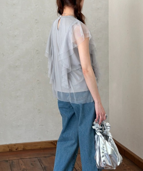 Per sist ence(パーシエンス)の「チュール×天竺フリル袖プルオーバー(Tシャツ/カットソー・レディース・ブラック/オフホワイト/グレー/チャコールグレー・FREE)」の10枚目の写真