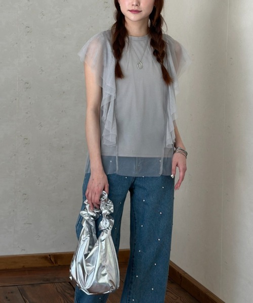 Per sist ence(パーシエンス)の「チュール×天竺フリル袖プルオーバー(Tシャツ/カットソー・レディース・ブラック/オフホワイト/グレー/チャコールグレー・FREE)」の13枚目の写真