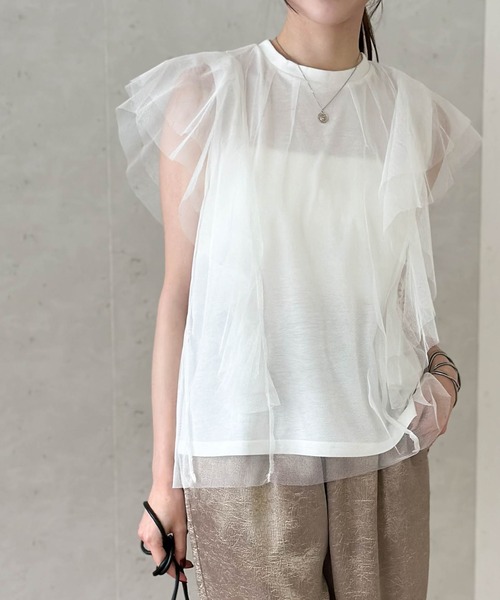 Per sist ence(パーシエンス)の「チュール×天竺フリル袖プルオーバー(Tシャツ/カットソー・レディース・ブラック/オフホワイト/グレー/チャコールグレー・FREE)」の20枚目の写真
