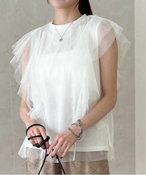 Per sist ence(パーシエンス)の「チュール×天竺フリル袖プルオーバー(Tシャツ/カットソー・レディース・ブラック/オフホワイト/グレー/チャコールグレー・FREE)」の22枚目の写真