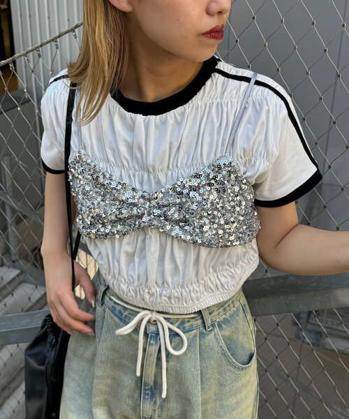 CIAOPANIC(チャオパニック)の「シャーリングリンガーTシャツ(Tシャツ/カットソー・レディース・ホワイト/イエロー/ネイビー・FREE)」の14枚目の写真