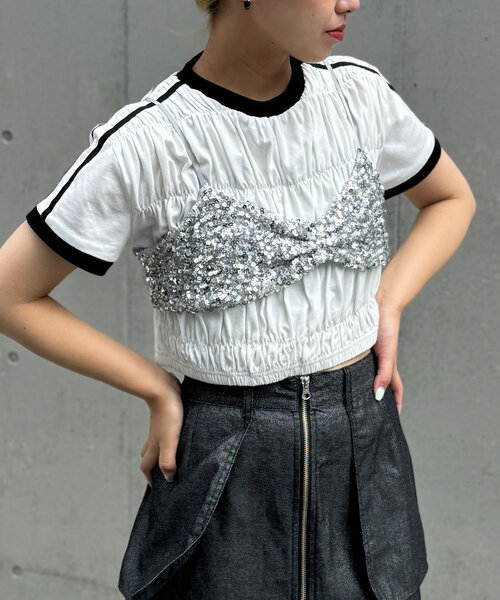 CIAOPANIC(チャオパニック)の「シャーリングリンガーTシャツ(Tシャツ/カットソー・レディース・ホワイト/イエロー/ネイビー・FREE)」の21枚目の写真