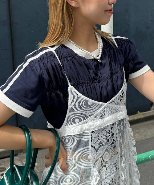 CIAOPANIC(チャオパニック)の「シャーリングリンガーTシャツ(Tシャツ/カットソー・レディース・ホワイト/イエロー/ネイビー・FREE)」の2枚目の写真