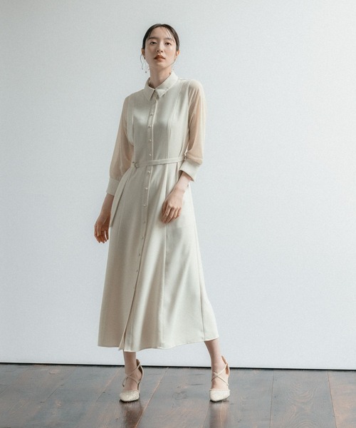 Andemiu（アンデミュウ）の「ソデシアーシャツワンピース7分袖131031（ワンピース・レディース・オレンジ/グリーン/アイボリー/ネイビー・FREE）」の2枚目の写真