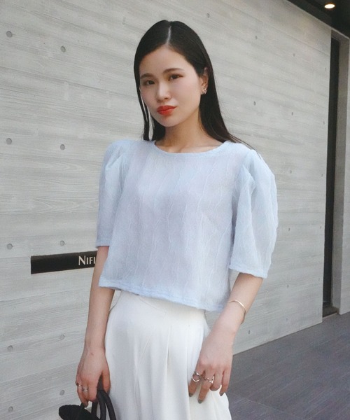 CORNERS(コーナーズ)の「シアージャガードパフスリーブクロップドTシャツ(Tシャツ/カットソー・レディース・グレイッシュベージュ/ライトブルー/ホワイト・M)」の6枚目の写真