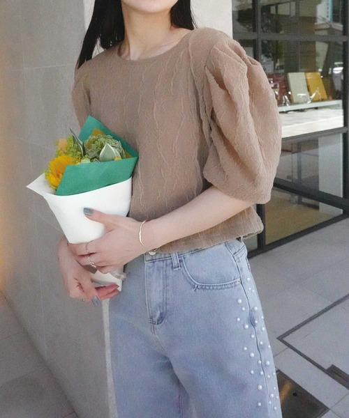 CORNERS(コーナーズ)の「シアージャガードパフスリーブクロップドTシャツ(Tシャツ/カットソー・レディース・グレイッシュベージュ/ライトブルー/ホワイト・M)」の16枚目の写真