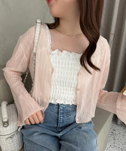 one after another NICE CLAUP(ワンアフターアナザーナイスクラップ)の「ハートボタンシアーカーディガン(カーディガン/ボレロ・レディース・ホワイト/ピンク/サックスブルー/ブラック/ブラウン・FREE)」の6枚目の写真