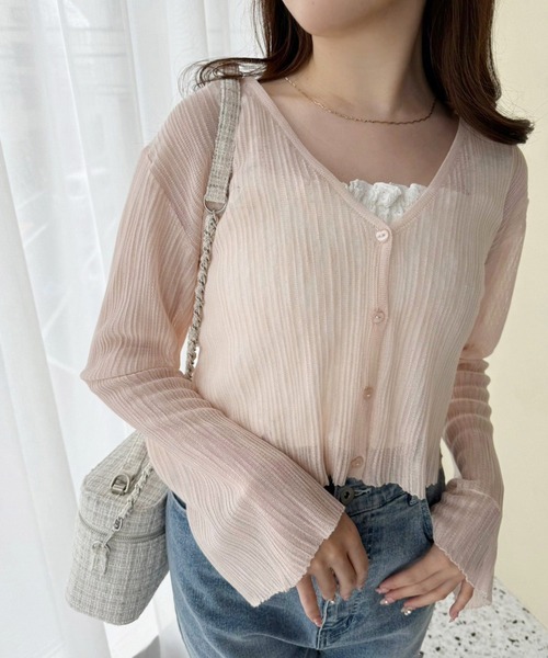 one after another NICE CLAUP(ワンアフターアナザーナイスクラップ)の「ハートボタンシアーカーディガン(カーディガン/ボレロ・レディース・ホワイト/ピンク/サックスブルー/ブラック/ブラウン・FREE)」の8枚目の写真