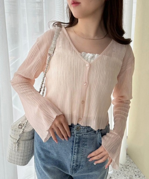 one after another NICE CLAUP(ワンアフターアナザーナイスクラップ)の「ハートボタンシアーカーディガン(カーディガン/ボレロ・レディース・ホワイト/ピンク/サックスブルー/ブラック/ブラウン・FREE)」の7枚目の写真