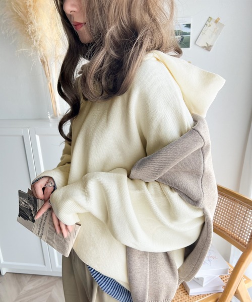 classicalelf（クラシカルエルフ）の「大人のキレイ見え。裏毛風ダブルジャガード オーバーサイズ ニット パーカー（パーカー・レディース・ネイビー/チャコール/オフホワイト/杢グレー・SMALL/MEDIUM/LARGE/X-LARGE）」の5枚目の写真