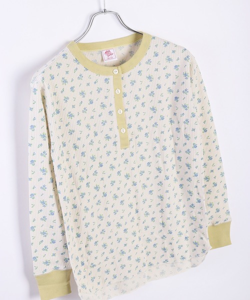 JEMORGAN(ジェーイーモーガン)の「JEMORGAN / ジェーイーモーガン ワッフル 花柄 ヘンリーネック サーマルロンT(Tシャツ/カットソー・レディース・パープル/ターコイズブルー/ストライプ・FREE)」の2枚目の写真