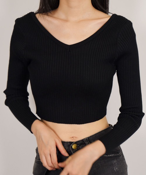 VIVID LADY（ビビッドレディー）の「Vネッククロップニット（Tシャツ/カットソー・レディース・ホワイト/ブラック/パープル/イエロー/オレンジ・FREE）」の3枚目の写真