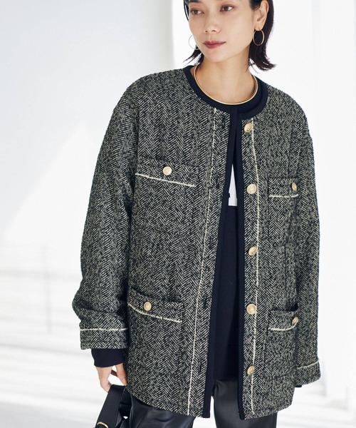 BARNYARDSTORM（バンヤードストーム）の「BARNYARDSTORM / ヘリンボーン中綿ジャケット（ノーカラーコート・レディース・ブラック・S/M）」の2枚目の写真