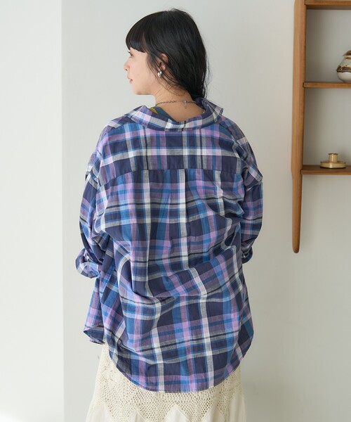 未使用級✨45R インディゴチェック フリルカシュクールブラウス 羽織り シャツ セール】スプリング チェック カシュクールブラウス/チェックシャツ