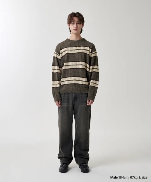 MAHAGRID(マハグリッド)の「『mahagrid/マハグリッド』 MESH STRIPE KNIT/メッシュボーダーニット(ニット/セーター・レディース・ブルー/ブラック/カーキ・M/L)」の7枚目の写真