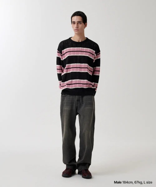 MAHAGRID(マハグリッド)の「『mahagrid/マハグリッド』 MESH STRIPE KNIT/メッシュボーダーニット(ニット/セーター・レディース・ブルー/ブラック/カーキ・M/L)」の4枚目の写真