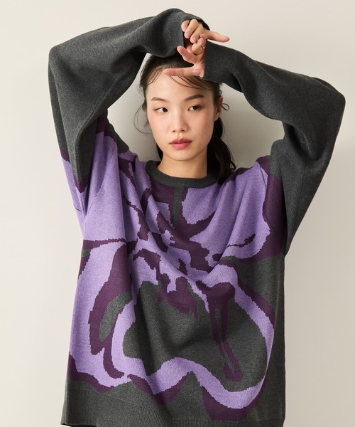 JUNRED（ジュンレッド）の「フラワージャガードニット（ニット/セーター・メンズ・チャコールグレー/ブラック/ライトグレー・S/M/L）」の3枚目の写真