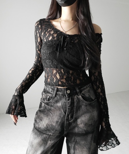 【A♡】m.me.eme エムエメ サイドリボンオフショルダートップス サイドリボンオフショルBL|ems excite | RETRO GIRL ONLINE STORE