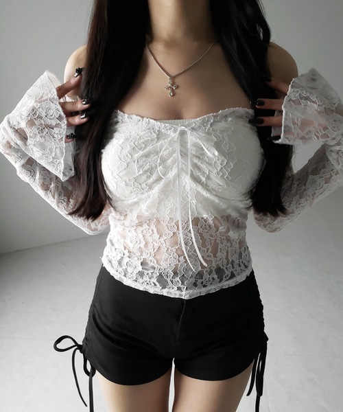 me+em select（ミームセレクト）の「【 ２color ／２WAY 】フロントリボンオフショルスリムレーストップス ／ front ribbon off-shoulder slim lace tops（その他トップス・レディース・ホワイト/ブラック・FREE）」の10枚目の写真