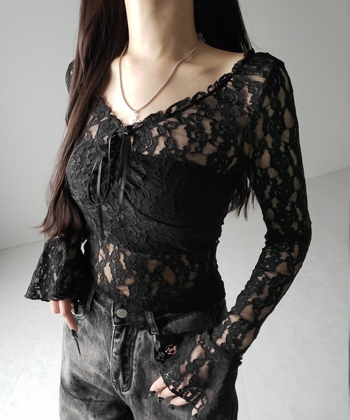 shalom レーストップス 2color ／2WAY 】フロントリボンオフショルスリムレーストップス