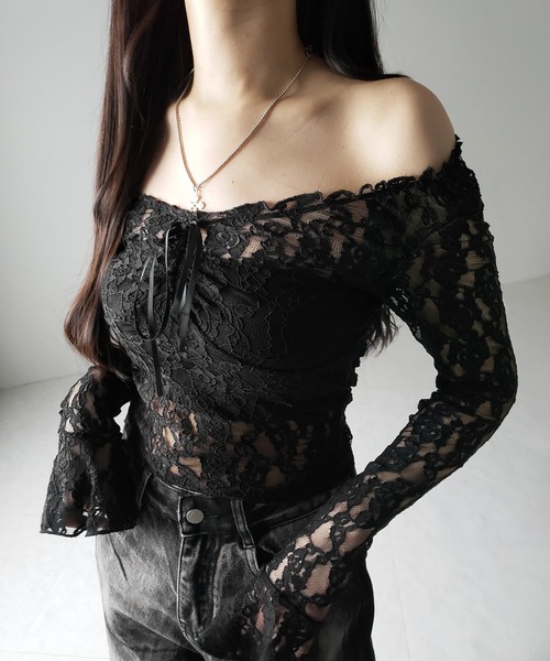 2color ／2WAY 】フロントリボンオフショルスリムレーストップス