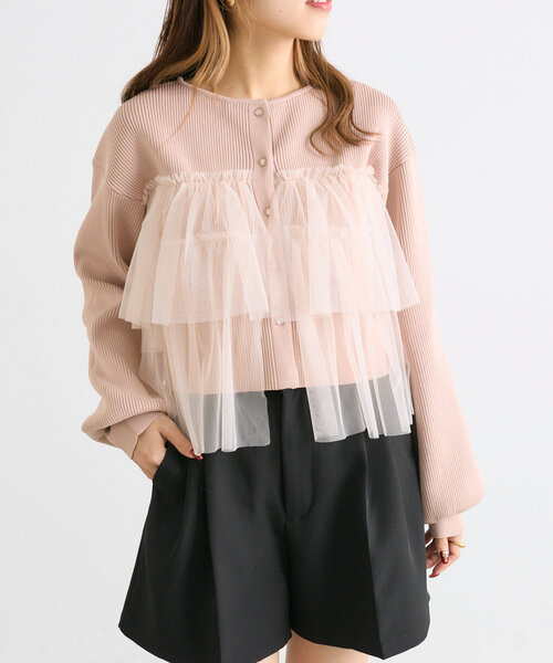 w closet(ダブルクローゼット)の「チュールティアードニットカーディガン(カーディガン/ボレロ・レディース・アイボリー/ブラック/イエロー/ピンク・FREE)」の4枚目の写真