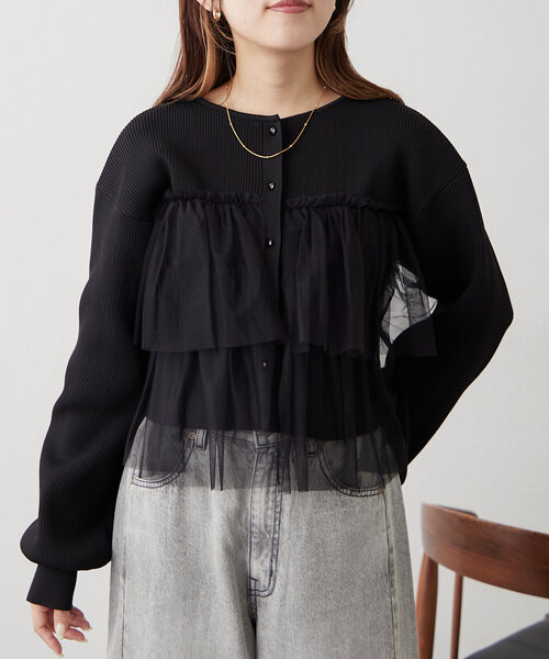 w closet(ダブルクローゼット)の「チュールティアードニットカーディガン(カーディガン/ボレロ・レディース・アイボリー/ブラック/イエロー/ピンク・FREE)」の14枚目の写真
