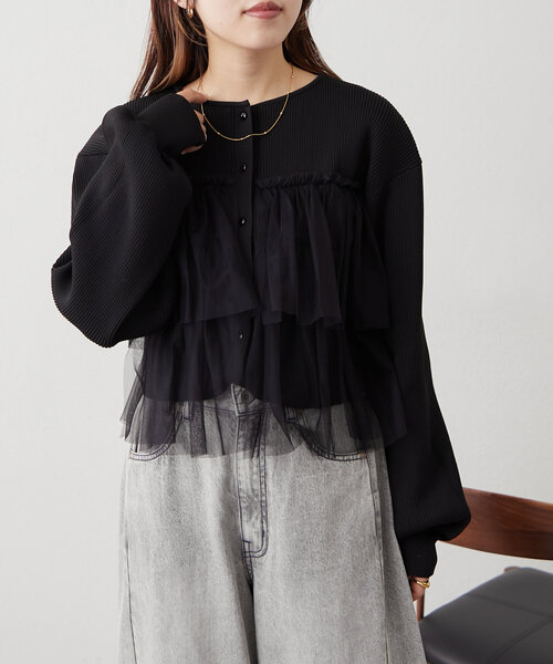 w closet(ダブルクローゼット)の「チュールティアードニットカーディガン(カーディガン/ボレロ・レディース・アイボリー/ブラック/イエロー/ピンク・FREE)」の16枚目の写真