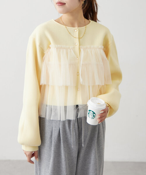 w closet(ダブルクローゼット)の「チュールティアードニットカーディガン(カーディガン/ボレロ・レディース・アイボリー/ブラック/イエロー/ピンク・FREE)」の22枚目の写真