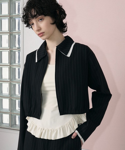 le ELMi(ルエルミ)の「Damage layered stripe shirt blouson / ダメージ レイヤード ストライプ シャツブルゾン【セットアップ対応】(ブルゾン・レディース・ベージュ/ブラック・FREE)」の5枚目の写真