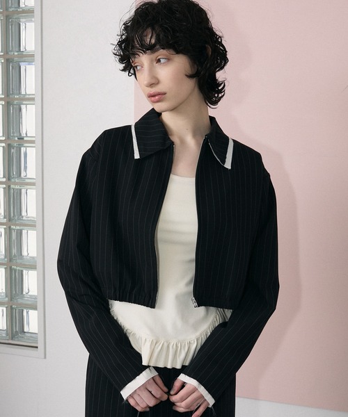 le ELMi(ルエルミ)の「Damage layered stripe shirt blouson / ダメージ レイヤード ストライプ シャツブルゾン【セットアップ対応】(ブルゾン・レディース・ベージュ/ブラック・FREE)」の9枚目の写真