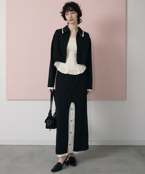 le ELMi(ルエルミ)の「Damage layered stripe shirt blouson / ダメージ レイヤード ストライプ シャツブルゾン【セットアップ対応】(ブルゾン・レディース・ベージュ/ブラック・FREE)」の14枚目の写真