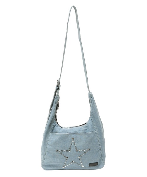 X-girl（エックスガール）の「STUDDED DENIM SHOULDER BAG（ショルダーバッグ・レディース・ブラック/ライトインディゴブルー・ONE SIZE）」の2枚目の写真