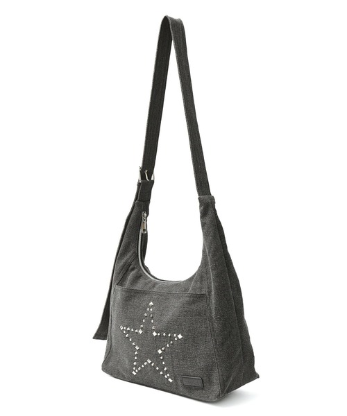 X-girl（エックスガール）の「STUDDED DENIM SHOULDER BAG（ショルダーバッグ・レディース・ブラック/ライトインディゴブルー・ONE SIZE）」の5枚目の写真