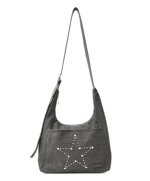 X-girl（エックスガール）の「STUDDED DENIM SHOULDER BAG（ショルダーバッグ・レディース・ブラック/ライトインディゴブルー・ONE SIZE）」の4枚目の写真